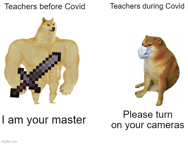 Buff Doge vs. Cheems | Teachers before Covid; Teachers during Covid; I am your master; Please turn on your cameras | image tagged in memes,buff doge vs cheems | made w/ Imgflip meme maker
