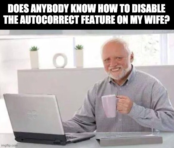 Autocorrect | DOES ANYBODY KNOW HOW TO DISABLE THE AUTOCORRECT FEATURE ON MY WIFE? | image tagged in harold | made w/ Imgflip meme maker