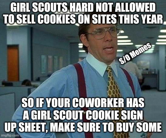 That Would Be Great Meme | GIRL SCOUTS HARD NOT ALLOWED TO SELL COOKIES ON SITES THIS YEAR; S/O Memes; SO IF YOUR COWORKER HAS A GIRL SCOUT COOKIE SIGN UP SHEET, MAKE SURE TO BUY SOME | image tagged in memes,that would be great | made w/ Imgflip meme maker