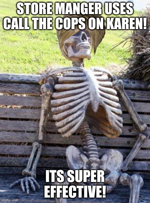 I made this :3 | STORE MANGER USES CALL THE COPS ON KAREN! ITS SUPER EFFECTIVE! | image tagged in memes,waiting skeleton | made w/ Imgflip meme maker