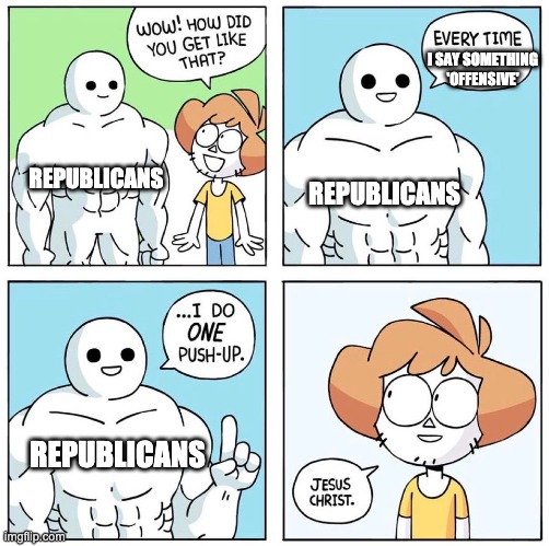 E | I SAY SOMETHING 'OFFENSIVE'; REPUBLICANS; REPUBLICANS; REPUBLICANS | image tagged in wow how did you get like that updated,political meme | made w/ Imgflip meme maker