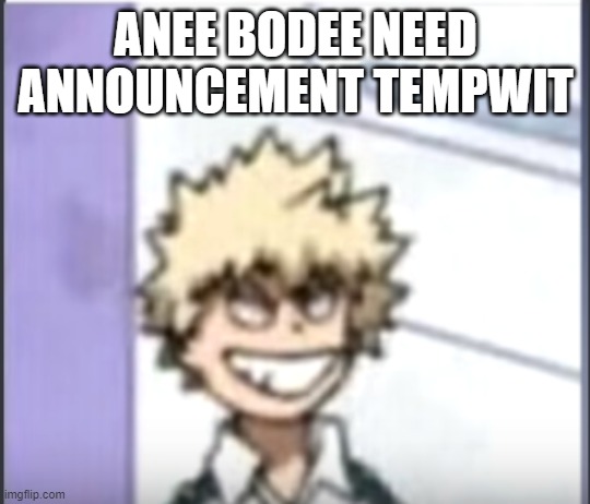 Bakugo sero smile | ANEE BODEE NEED ANNOUNCEMENT TEMPWIT | image tagged in bakugo sero smile | made w/ Imgflip meme maker