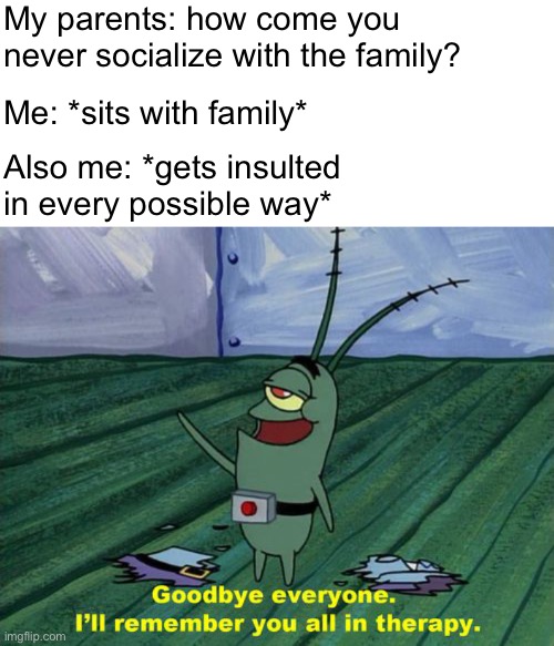 My parents: how come you never socialize with the family? Me: *sits with family*; Also me: *gets insulted in every possible way* | image tagged in goodbye everyone i'll remember you all in therapy | made w/ Imgflip meme maker