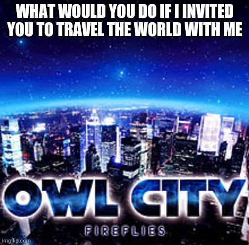 Owl city | WHAT WOULD YOU DO IF I INVITED YOU TO TRAVEL THE WORLD WITH ME | image tagged in owl city | made w/ Imgflip meme maker