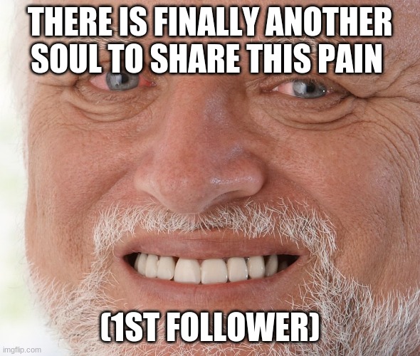 welcome depresy |  THERE IS FINALLY ANOTHER SOUL TO SHARE THIS PAIN; (1ST FOLLOWER) | image tagged in hide the pain harold | made w/ Imgflip meme maker