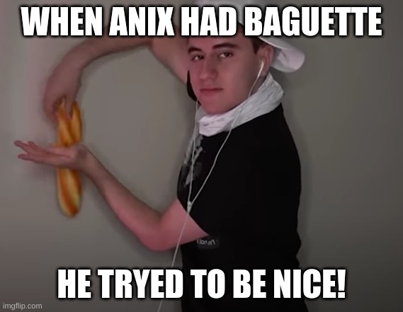 BAGUETTE | WHEN ANIX HAD BAGUETTE; HE TRYED TO BE NICE! | image tagged in funny | made w/ Imgflip meme maker
