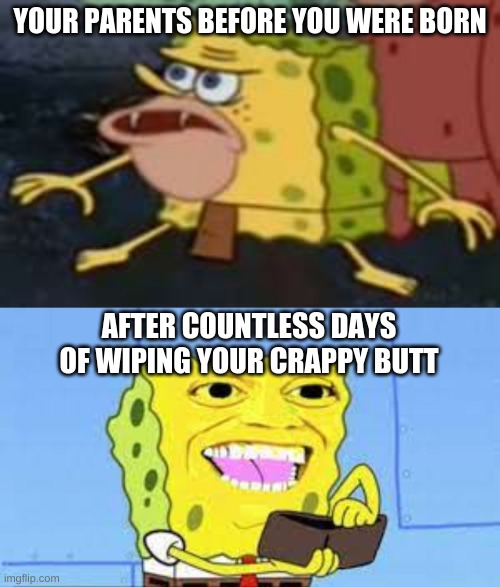 soooo trrrruuuueeeee | YOUR PARENTS BEFORE YOU WERE BORN; AFTER COUNTLESS DAYS OF WIPING YOUR CRAPPY BUTT | image tagged in so true memes | made w/ Imgflip meme maker