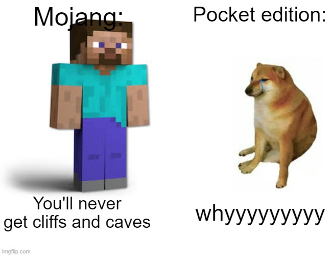 Buff Doge vs. Cheems Meme | Mojang: Pocket edition: You'll never get cliffs and caves whyyyyyyyyy | image tagged in memes,buff doge vs cheems | made w/ Imgflip meme maker