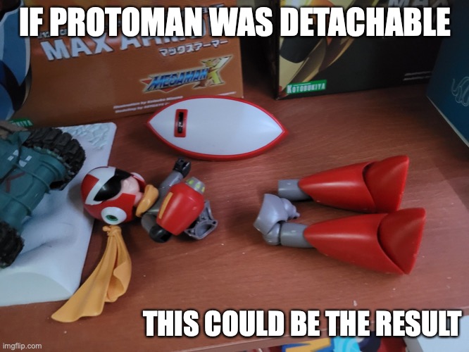 Protoman Figurine in Pieces | IF PROTOMAN WAS DETACHABLE; THIS COULD BE THE RESULT | image tagged in protoman,memes,megaman | made w/ Imgflip meme maker