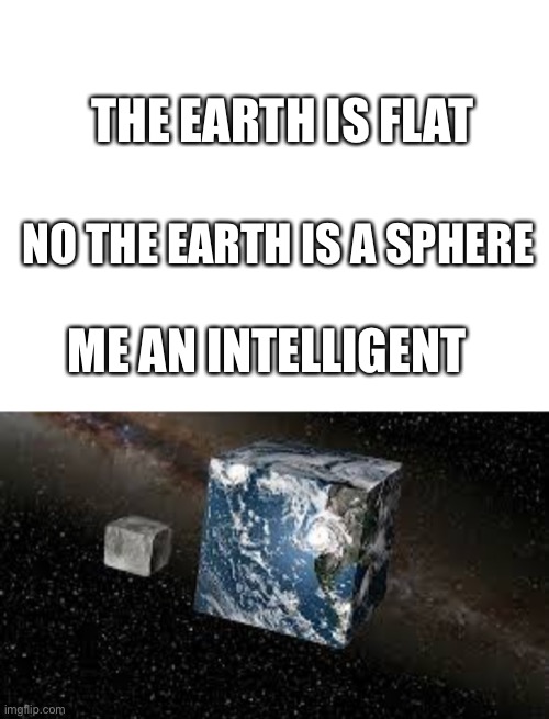 Cube earthers | THE EARTH IS FLAT; NO THE EARTH IS A SPHERE; ME AN INTELLIGENT | image tagged in blank white template,cube earth | made w/ Imgflip meme maker