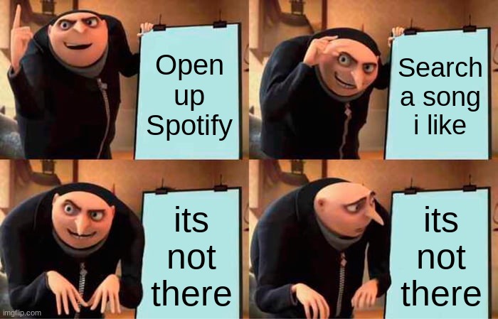 Gru's Plan | Open up Spotify; Search a song i like; its not there; its not there | image tagged in memes,gru's plan | made w/ Imgflip meme maker