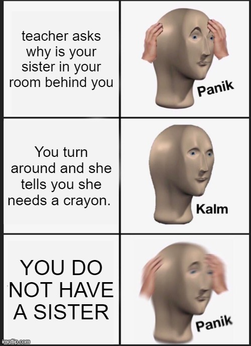 Panik Kalm Panik | teacher asks why is your sister in your room behind you; You turn around and she tells you she needs a crayon. YOU DO NOT HAVE A SISTER | image tagged in memes,panik kalm panik | made w/ Imgflip meme maker