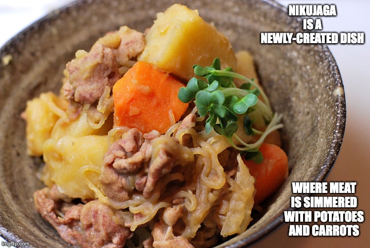 Nikujaga | NIKUJAGA IS A NEWLY-CREATED DISH; WHERE MEAT IS SIMMERED WITH POTATOES AND CARROTS | image tagged in food,memes | made w/ Imgflip meme maker