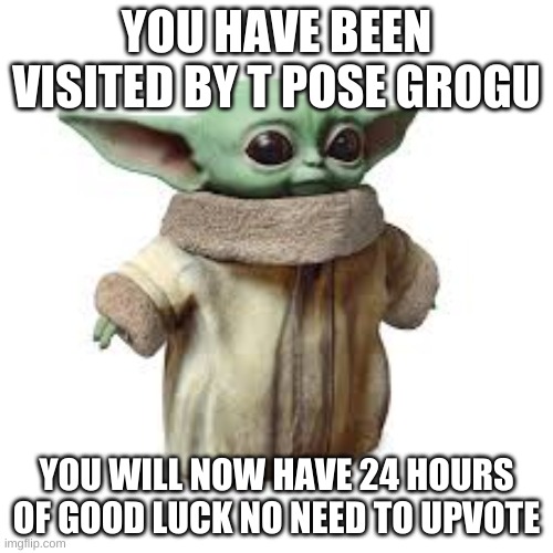 good luck | YOU HAVE BEEN VISITED BY T POSE GROGU; YOU WILL NOW HAVE 24 HOURS OF GOOD LUCK NO NEED TO UPVOTE | image tagged in tag,memes | made w/ Imgflip meme maker