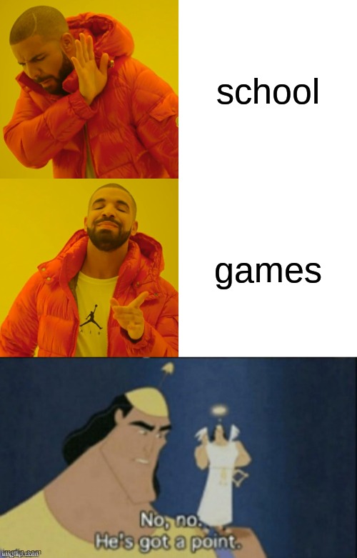 school; games | image tagged in memes,drake hotline bling,no no hes got a point | made w/ Imgflip meme maker