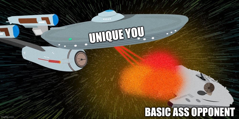 [suggested text in textboxes] | UNIQUE YOU; BASIC ASS OPPONENT | image tagged in enterprise destroys millennium falcon | made w/ Imgflip meme maker
