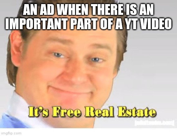 Thanks YouTube... | AN AD WHEN THERE IS AN IMPORTANT PART OF A YT VIDEO | image tagged in it's free real estate | made w/ Imgflip meme maker