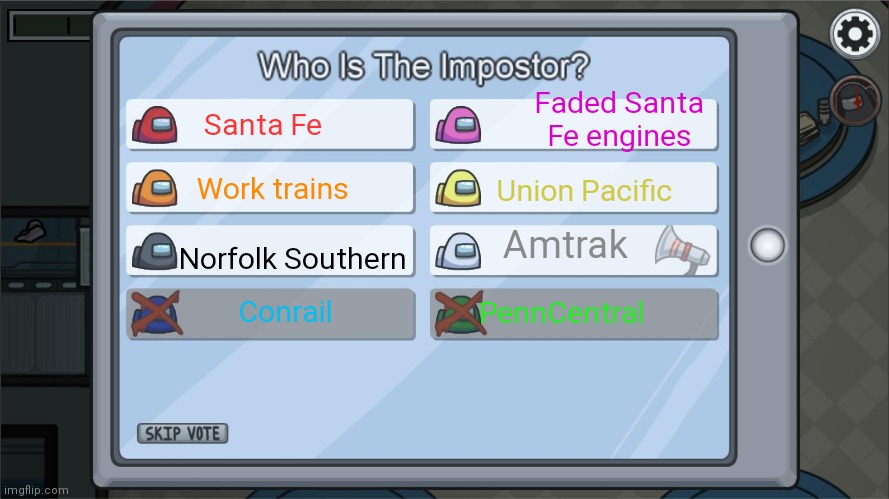 Get it??? I was bored, ok? | Faded Santa Fe engines; Santa Fe; Work trains; Union Pacific; Amtrak; Norfolk Southern; Conrail; PennCentral | image tagged in among us voting screen template | made w/ Imgflip meme maker