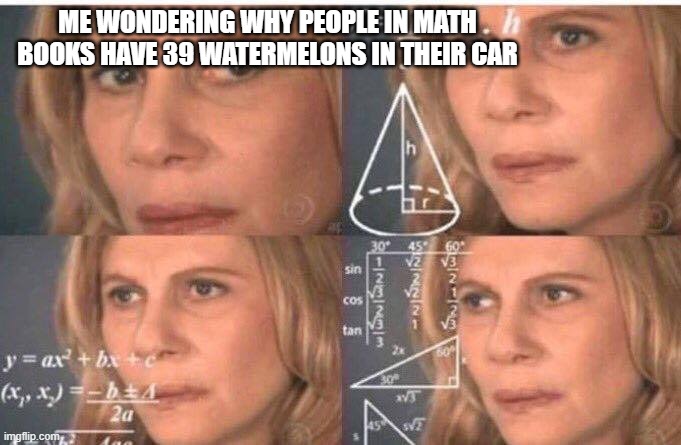 Mental Abuse To Humans | ME WONDERING WHY PEOPLE IN MATH BOOKS HAVE 39 WATERMELONS IN THEIR CAR | image tagged in math lady/confused lady | made w/ Imgflip meme maker