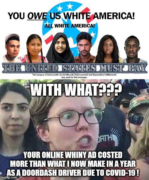 WHITE AMERICA OWES US EVERYTHING! | WITH WHAT??? YOUR ONLINE WHINY AD COSTED MORE THAN WHAT I NOW MAKE IN A YEAR AS A DOORDASH DRIVER DUE TO COVID-19 ! | image tagged in triggered liberal,democrats,covid-19,reparations,joe biden,white people | made w/ Imgflip meme maker