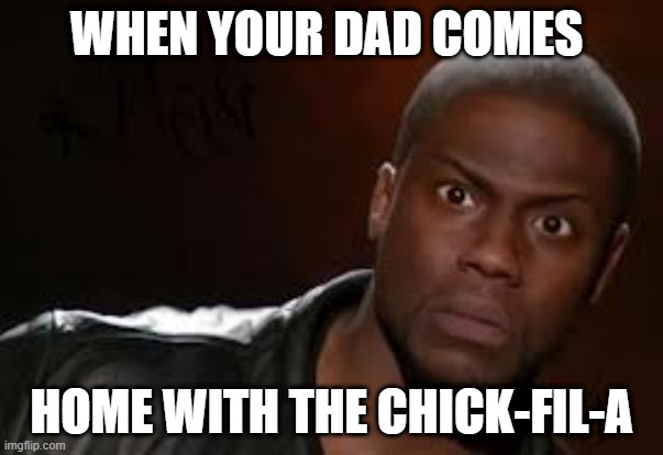 funny meme | WHEN YOUR DAD COMES; HOME WITH THE CHICK-FIL-A | image tagged in funny meme | made w/ Imgflip meme maker