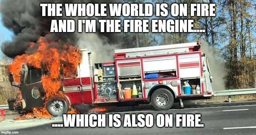 Fire Engine On Fire | THE WHOLE WORLD IS ON FIRE AND I'M THE FIRE ENGINE.... ....WHICH IS ALSO ON FIRE. | image tagged in fire engine on fire | made w/ Imgflip meme maker