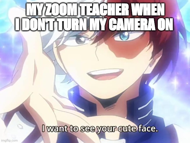 This happens everyday now!! | MY ZOOM TEACHER WHEN I DON'T TURN MY CAMERA ON | image tagged in todoroki i want to see your cute face | made w/ Imgflip meme maker