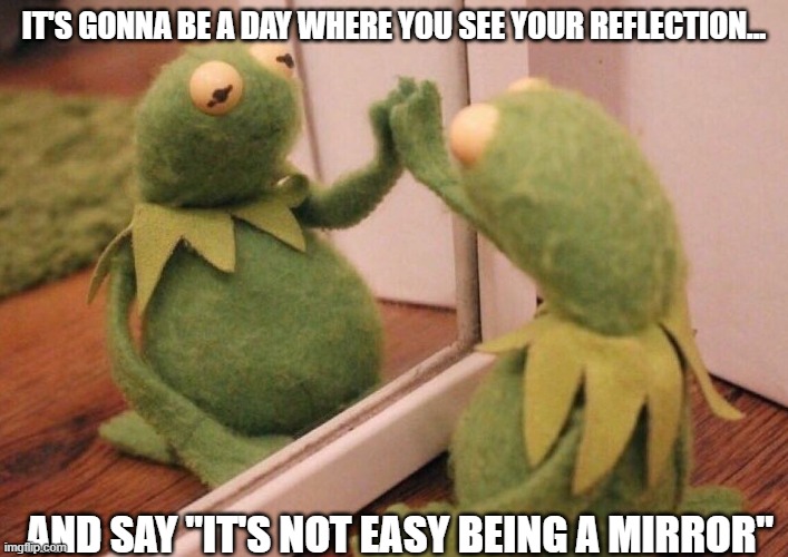 Kermit Mirror | IT'S GONNA BE A DAY WHERE YOU SEE YOUR REFLECTION... AND SAY "IT'S NOT EASY BEING A MIRROR" | image tagged in kermit mirror | made w/ Imgflip meme maker