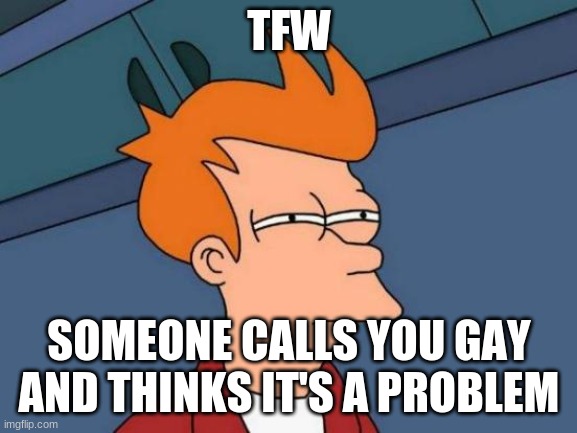 :I | TFW; SOMEONE CALLS YOU GAY AND THINKS IT'S A PROBLEM | image tagged in memes,futurama fry | made w/ Imgflip meme maker