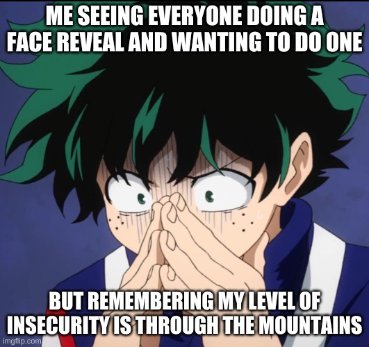 maybe at 100 followers... | ME SEEING EVERYONE DOING A FACE REVEAL AND WANTING TO DO ONE; BUT REMEMBERING MY LEVEL OF INSECURITY IS THROUGH THE MOUNTAINS | image tagged in suffering deku | made w/ Imgflip meme maker