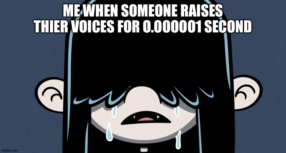 True dat | ME WHEN SOMEONE RAISES THIER VOICES FOR O.OOOOO1 SECOND | image tagged in lucy loud crying | made w/ Imgflip meme maker