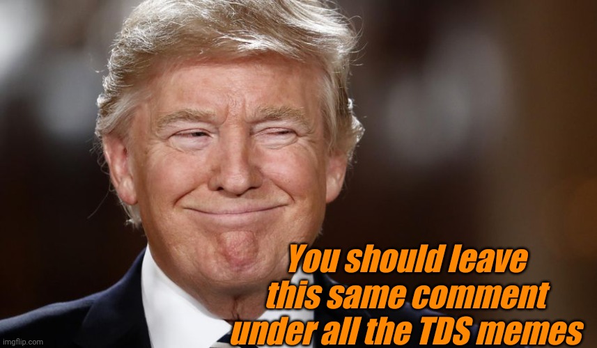 Donald Trump smiling | You should leave this same comment under all the TDS memes | image tagged in donald trump smiling | made w/ Imgflip meme maker