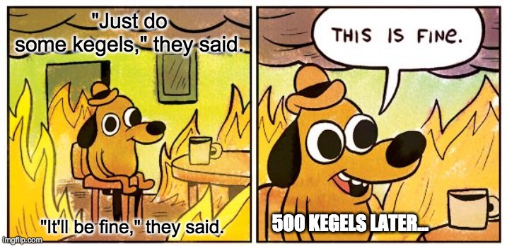 Kegels | "Just do some kegels," they said. "It'll be fine," they said. 500 KEGELS LATER... | image tagged in memes,this is fine | made w/ Imgflip meme maker
