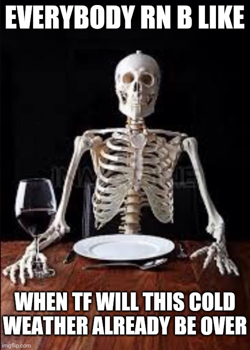 Impatient skeleton  | EVERYBODY RN B LIKE; WHEN TF WILL THIS COLD WEATHER ALREADY BE OVER | image tagged in impatient skeleton,cold weather,memes | made w/ Imgflip meme maker