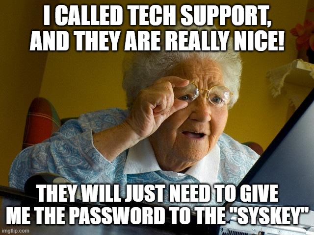 Grandma Gets Syskey'd | I CALLED TECH SUPPORT, AND THEY ARE REALLY NICE! THEY WILL JUST NEED TO GIVE ME THE PASSWORD TO THE "SYSKEY" | image tagged in memes,grandma finds the internet | made w/ Imgflip meme maker