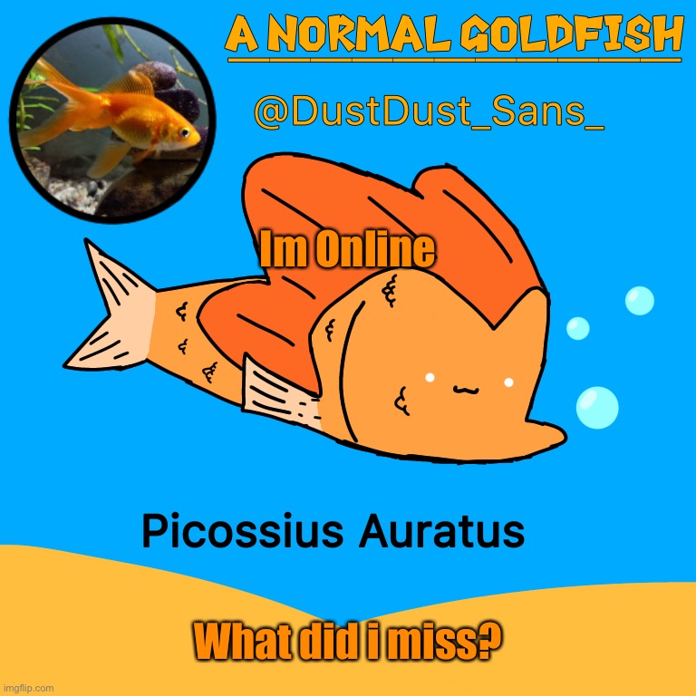 A Normal Goldfish (DustDust_Sans_) Announcement Template | Im Online; What did i miss? | image tagged in a normal goldfish dustdust_sans_ announcement template | made w/ Imgflip meme maker