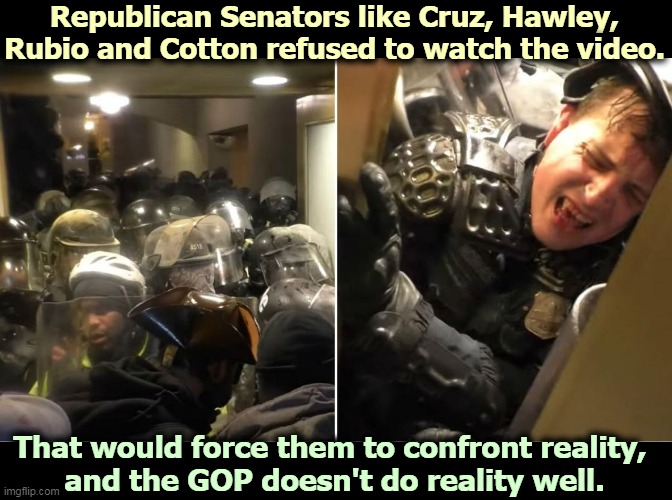 No facts, please, I'm a Republican. | Republican Senators like Cruz, Hawley, Rubio and Cotton refused to watch the video. That would force them to confront reality, 
and the GOP doesn't do reality well. | image tagged in trump-instigated capitol riot,trump,capitol hill,riot,murder | made w/ Imgflip meme maker