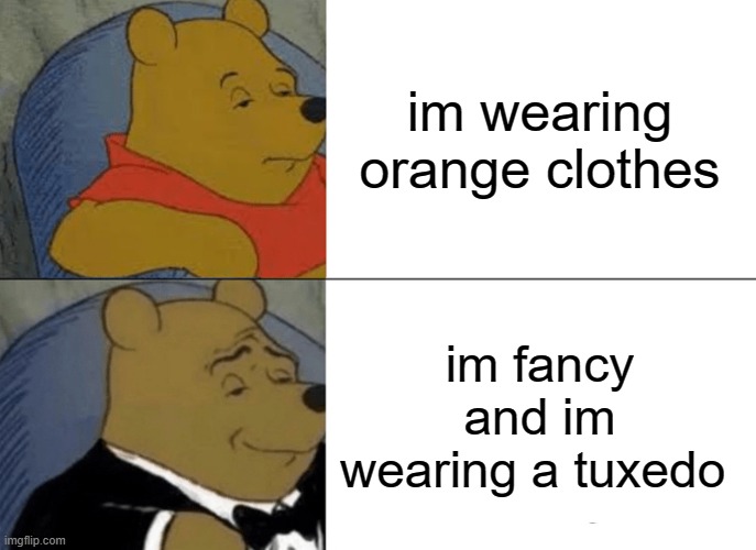 pathetic tuxedo winnie the pooh meme | im wearing orange clothes; im fancy and im wearing a tuxedo | image tagged in memes,tuxedo winnie the pooh,pathetic | made w/ Imgflip meme maker