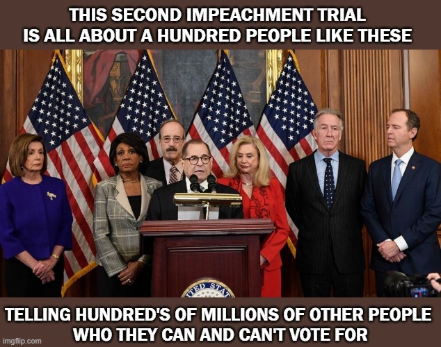 Impeachment | THIS SECOND IMPEACHMENT TRIAL 
IS ALL ABOUT A HUNDRED PEOPLE LIKE THESE; TELLING HUNDRED'S OF MILLIONS OF OTHER PEOPLE 
WHO THEY CAN AND CAN'T VOTE FOR | image tagged in house democrats,impeachment,crooks,villains,pelosi | made w/ Imgflip meme maker
