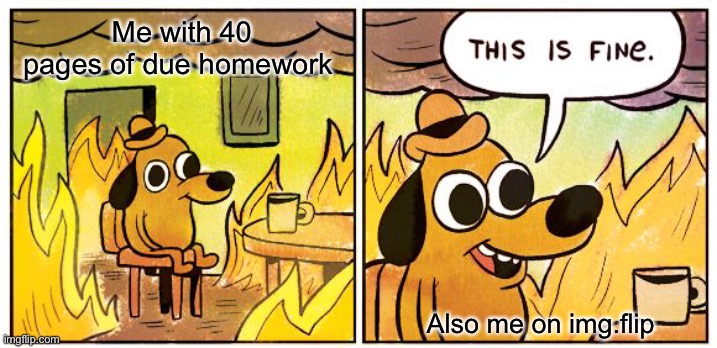 This Is Fine Meme | Me with 40 pages of due homework; Also me on img.flip | image tagged in memes,this is fine | made w/ Imgflip meme maker