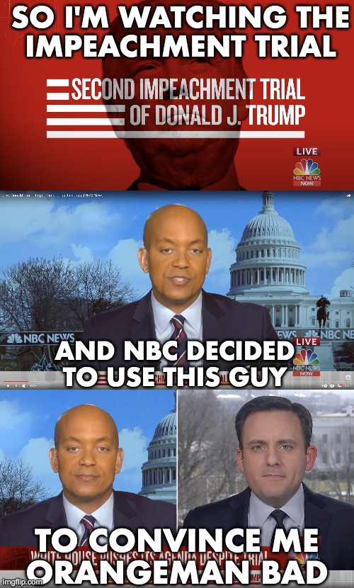 LMFAO! | SO I'M WATCHING THE
IMPEACHMENT TRIAL; AND NBC DECIDED TO USE THIS GUY; TO CONVINCE ME
ORANGEMAN BAD | image tagged in donald trump,impeachment,trial,orangeman bad | made w/ Imgflip meme maker