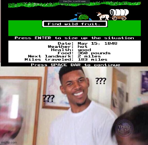 Finding wild fruit in a river. | image tagged in black guy confused,river,oregon trail,funny meme | made w/ Imgflip meme maker