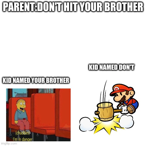 the fight of the year | PARENT:DON'T HIT YOUR BROTHER; KID NAMED DON'T; KID NAMED YOUR BROTHER | image tagged in memes,blank transparent square | made w/ Imgflip meme maker