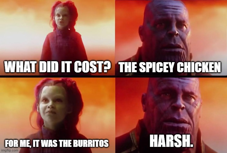 thanos what did it cost | WHAT DID IT COST? THE SPICEY CHICKEN; FOR ME, IT WAS THE BURRITOS; HARSH. | image tagged in thanos what did it cost | made w/ Imgflip meme maker