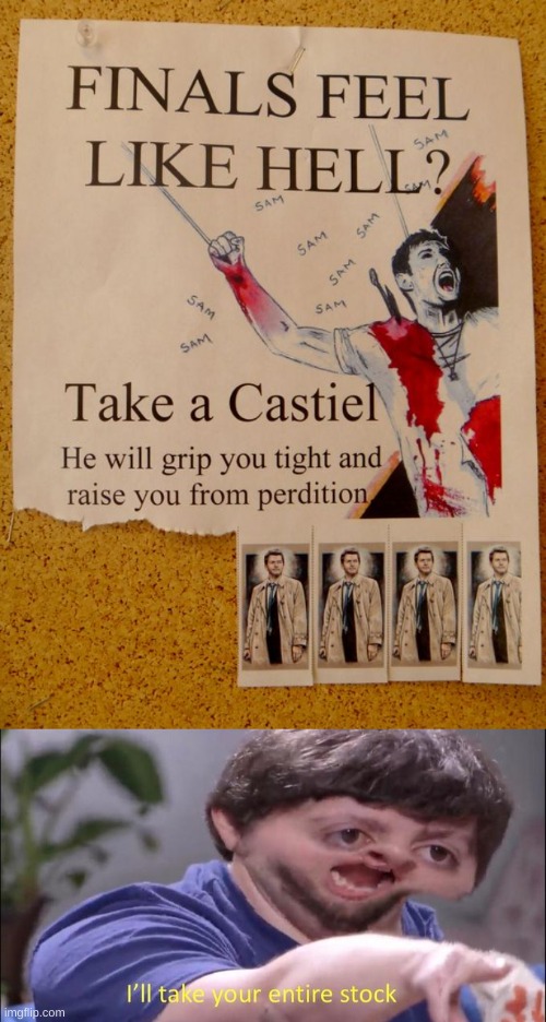 Take a Castiel! | image tagged in i'll take your entire stock | made w/ Imgflip meme maker