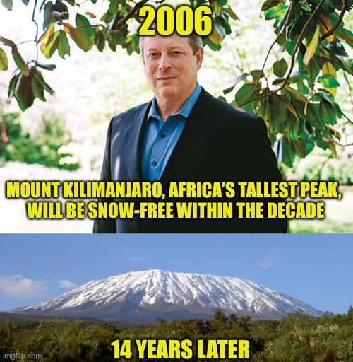 2006 MOUNT KILIMANJARO, AFRICA’S TALLEST PEAK, 
WILL BE SNOW-FREE WITHIN THE DECADE 14 YEARS LATER | image tagged in al gore statue | made w/ Imgflip meme maker