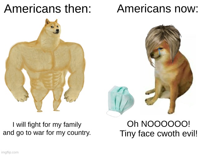 Buff Doge vs. Cheems | Americans then:; Americans now:; I will fight for my family and go to war for my country. Oh NOOOOOO! Tiny face cwoth evil! | image tagged in memes,buff doge vs cheems | made w/ Imgflip meme maker