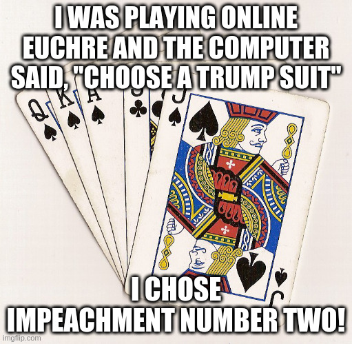 Okay, perhaps I haven't quite grasped the rules completely yet ... | I WAS PLAYING ONLINE EUCHRE AND THE COMPUTER SAID, "CHOOSE A TRUMP SUIT"; I CHOSE IMPEACHMENT NUMBER TWO! | image tagged in trump,humor,impeach trump,euchre,trump suit,cards | made w/ Imgflip meme maker