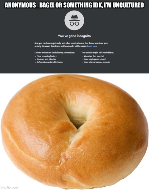 ANONYMOUS_BAGEL OR SOMETHING IDK, I’M UNCULTURED | image tagged in bagel | made w/ Imgflip meme maker