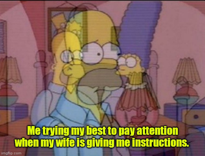 Trying to concentrate. | Me trying my best to pay attention when my wife is giving me instructions. | image tagged in homer simpson,funny | made w/ Imgflip meme maker